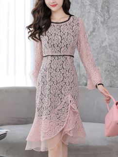 Pink Plus Size Slim Lace Fishtail Hem Over-Hip Flare Sleeve Contrast Round Neck Zipper Back  Dress for Casual Office Evening