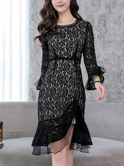 Black Plus Size Slim Lace Fishtail Hem Over-Hip Flare Sleeve Round Neck Zipper Back  Dress for Casual Office Evening