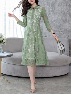 Green Plus Size Slim A-Line Lace Butterfly Kont Neck See-Through Dress for Casual Office Evening
