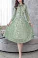 Green Plus Size Slim A-Line Lace Butterfly Kont Neck See-Through Dress for Casual Office Evening