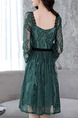 Green Slim A-Line Lace Square Neck See-Through Band Flare Sleeve Open Back Long Sleeve Dress for Casual Party
