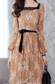 Brown Slim A-Line Lace Square Neck See-Through Band Flare Sleeve Open Back Long Sleeve Dress for Casual Party
