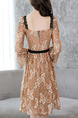 Brown Slim A-Line Lace Square Neck See-Through Band Flare Sleeve Open Back Long Sleeve Dress for Casual Party