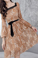 Brown Slim A-Line Lace Square Neck See-Through Band Flare Sleeve Open Back Long Sleeve Dress for Casual Party