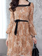 Brown Slim A-Line Lace Square Neck See-Through Band Flare Sleeve Open Back Long Sleeve Dress for Casual Party
