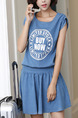 Blue Denim Two-Piece Round Neck Located Printing Buttons Back A-Line Removable Zipper Waist Above Knee Dress for Casual
