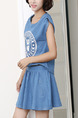 Blue Denim Two-Piece Round Neck Located Printing Buttons Back A-Line Removable Zipper Waist Above Knee Dress for Casual