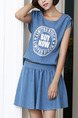 Blue Denim Two-Piece Round Neck Located Printing Buttons Back A-Line Removable Zipper Waist Above Knee Dress for Casual