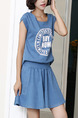 Blue Denim Two-Piece Round Neck Located Printing Buttons Back A-Line Removable Zipper Waist Above Knee Dress for Casual