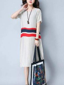 Grey Red and Blue Plus Size Loose Linking Stripe Round Neck Knee Length Shift Dress for Casual