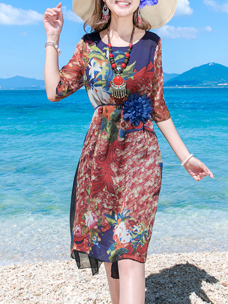 Red Colorful Loose Linking Chiffon Contrast Printed Round Neck Knee Length Dress for Casual Beach