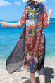 Red Colorful Loose Linking Chiffon Contrast Printed Round Neck Knee Length Dress for Casual Beach