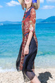 Red Colorful Loose Linking Chiffon Contrast Printed Round Neck Knee Length Dress for Casual Beach