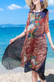 Red Colorful Loose Linking Chiffon Contrast Printed Round Neck Knee Length Dress for Casual Beach