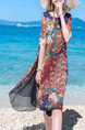 Red Colorful Loose Linking Chiffon Contrast Printed Round Neck Knee Length Dress for Casual Beach