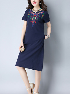 Blue Plus Size Slim A-Line V Neck Embroidery Pockets Shift Dress for Casual Party