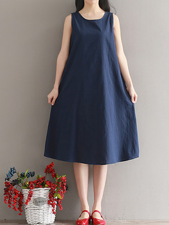 Blue Plus Size Loose A-Line Round Neck Shift Dress for Casual