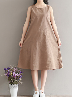 Brown Plus Size Loose A-Line Round Neck Shift Dress for Casual