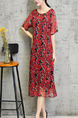 Red and Black Plus Size Loose Printed Round Neck See-Through Pockets Floral Dress for Casual
