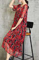 Red and Black Plus Size Loose Printed Round Neck See-Through Pockets Floral Dress for Casual