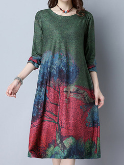 Green Colorful Plus Size Loose A-Line Contrast Printed Round Neck Pockets Shift Long Sleeve Dress for Casual