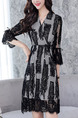 Black Plus Size Slim Cross V Neck Lace See-Through Flare Sleeve Band Above Knee Dress for Casual Office Evening
