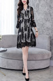 Black Plus Size Slim Cross V Neck Lace See-Through Flare Sleeve Band Above Knee Dress for Casual Office Evening