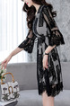 Black Plus Size Slim Cross V Neck Lace See-Through Flare Sleeve Band Above Knee Dress for Casual Office Evening