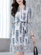 Blue and White Plus Size Slim Cross V Neck Lace See-Through Flare Sleeve Band Above Knee Dress for Casual Office Evening
