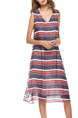 Grey White Orange Loose A-Line Contrast Stripe V Neck See-Through Shift Dress for Casual Party