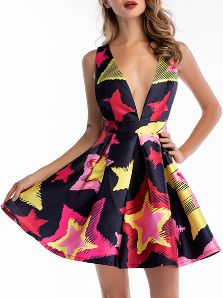 Colorful Slim A-Line Printed V Neck Zipper Back Fit & Flare Dress for Casual Party Evening