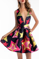 Colorful Slim A-Line Printed V Neck Zipper Back Fit & Flare Dress for Casual Party Evening

