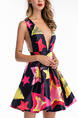 Colorful Slim A-Line Printed V Neck Zipper Back Fit & Flare Dress for Casual Party Evening