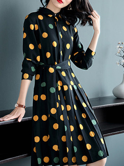 Black Yellow Grey Polka Dot Plus Size Chiffon Slim A-Line Contrast Wave Point Band Dress for Casual Office
