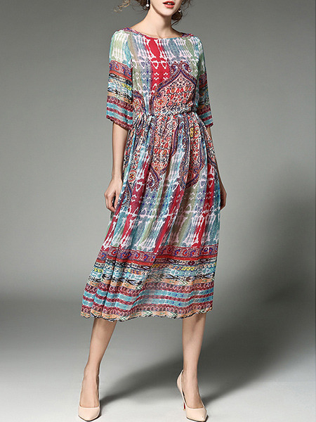Colorful Plus Size Slim A-Line Printed Round Neck Adjustable Waist Dress for Casual Party