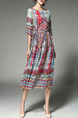 Colorful Plus Size Slim A-Line Printed Round Neck Adjustable Waist Dress for Casual Party