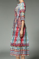 Colorful Plus Size Slim A-Line Printed Round Neck Adjustable Waist Dress for Casual Party