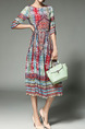 Colorful Plus Size Slim A-Line Printed Round Neck Adjustable Waist Dress for Casual Party