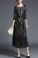Black Plus Size Slim A-Line Lace See-Through Band Round Neck Dress for Casual Office Evening
