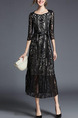 Black Plus Size Slim A-Line Lace See-Through Band Round Neck Dress for Casual Office Evening
