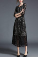 Black Plus Size Slim A-Line Lace See-Through Band Round Neck Dress for Casual Office Evening