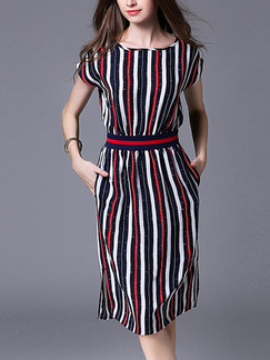 Blue White and Red Slim A-Line Contrast Stripe Printed Round Neck Bat Sleeve Adjustable Waist Dress for Casual Office