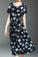 Blue Plus Size Loose A-Line Printed Round Neck Drawstring Band Dress for Casual Party

