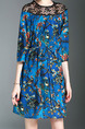 Blue Colorful Plus Size Loose A-Line Printed Linking Lace Band Shift Dress for Casual Party
