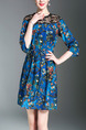 Blue Colorful Plus Size Loose A-Line Printed Linking Lace Band Shift Dress for Casual Party