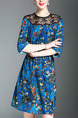 Blue Colorful Plus Size Loose A-Line Printed Linking Lace Band Shift Dress for Casual Party