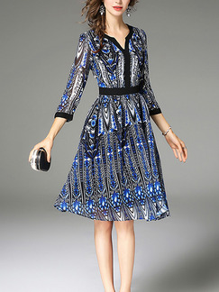 Blue and Black White Plus Size Slim A-Line Printed V Neck Contrast Linking Dress for Casual Office Party Evening