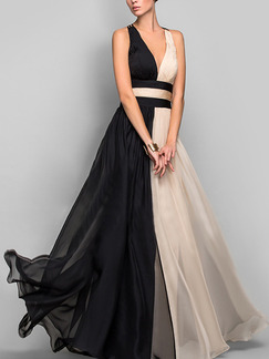 Beige and Black Slim A-Line Full Skirt Contrast V Neck Cross Open Back Dress for Cocktail Prom Ball