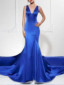Blue Slim Fishtail Over-Hip V Neck Linking Lace See-Through Open Back Dress for Cocktail Prom Ball