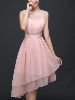 Pink Slim Linking Lace See-Through Asymmetrical Hem Zipper Back Cute Dress for Formal Prom Bridesmaid